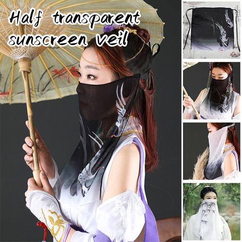 Antique Hanfu Chiffon Veil Chinese Bamboo Printed Traditional Accessories - Picture 2 of 36