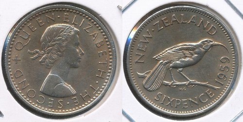 New Zealand 1959 Sixpence 6d Elizabeth II - almost Uncirculated - Imagen 2 de 3