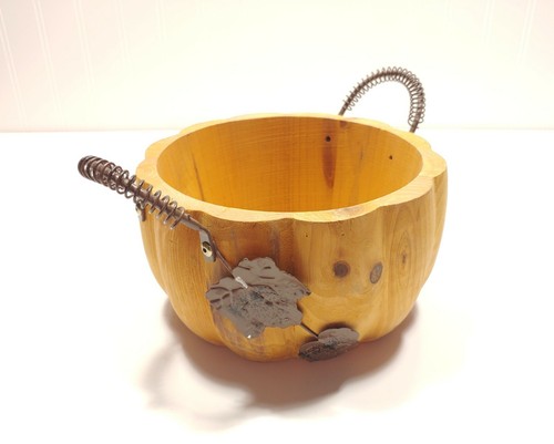 Wood Pumpkin Wire Wrapped Handled Candy Bowl w Metal Leaves - Picture 4 of 7