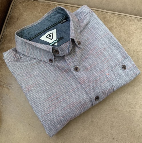 Camisa Vissla Para Hombre Talla Pequeña Manga Larga Azul Con Rayas Rojas Surf Abotonada - Imagen 15 de 15