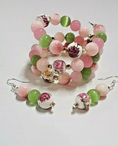 Handmade Beaded Healing Bracelet and Earring Set Flowers Floral Cat Eye - Picture 2 of 5