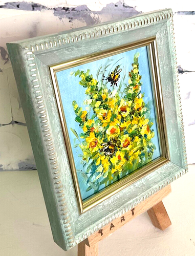 Original Oil Painting impasto Bumblebees Yellow Flowers Mini art 3x2.7in - Picture 4 of 9