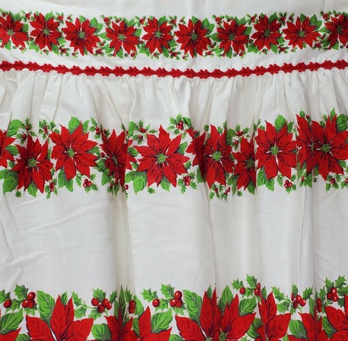 Vintage Christmas Apron Poinsettias Red Rick Rack Green Large Half Waist Tie - Picture 6 of 9
