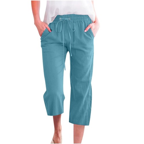 Women Solid Cotton Linen Cropped Pants Loose Fit Pocket Mid Length Capri Pants - Picture 16 of 55