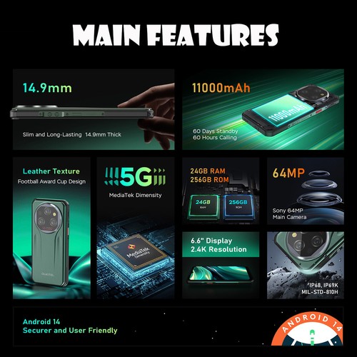 Oukitel WP39 5G Rugged Phone Global 24GB+256GB 64MP 11000mAh Android 14 NFC IP68 - Foto 2 di 14