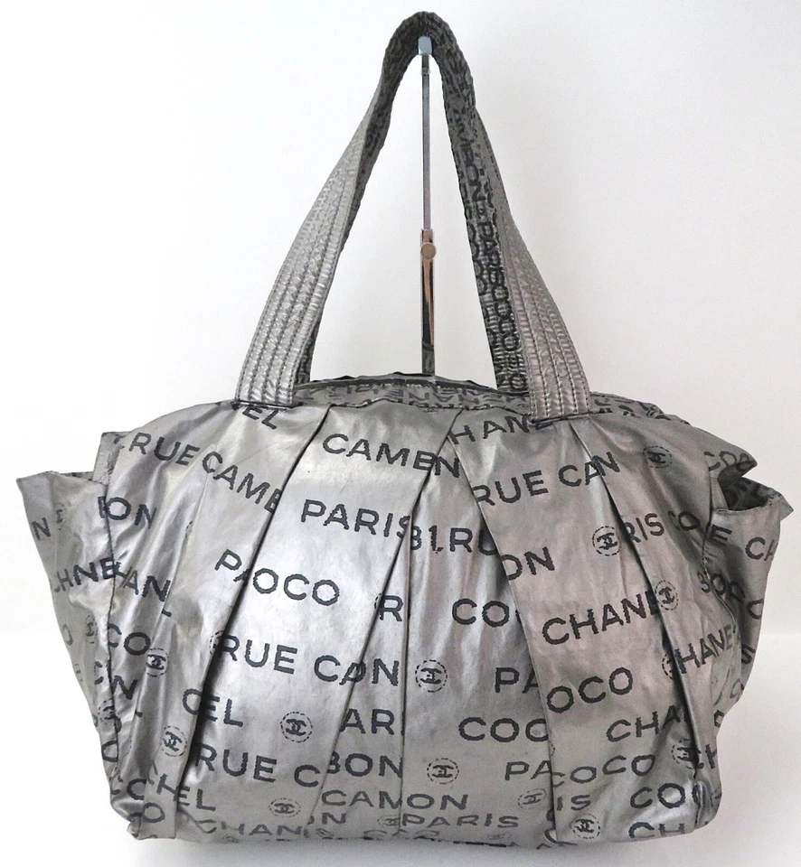 Auth CHANEL 31 RUE CAMBON Graphic Silver Nylon Hand Tote Bag Purse #56492 - Image 3 of 4