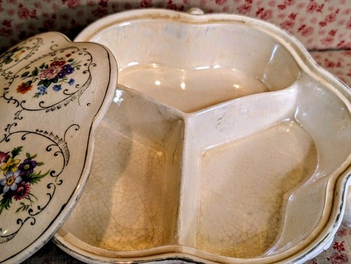 Antique Dresdena Ware Japan Divided Serving Dish~Angel Footed, Lidded~8¾ x 5¼" - Picture 5 of 19