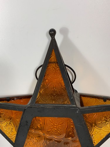 Vintage Moroccan Style Amber Glass & Metal Star Lantern 10 in. - Picture 3 of 9
