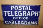 Vintage 1930's Postal Telegraph Office 2 Sided 24"x14" Porcelain Flange Sign