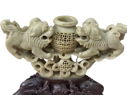 VTG Hand Carved Stone Foo Dog Candle Holder 2pc Soapstone Sculpture - Picture 4 of 9