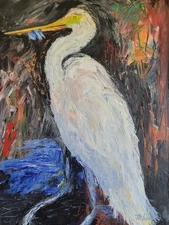MONA VIVAR Original 24x18 Colorful Egret Expressionism Abstract Art Painting