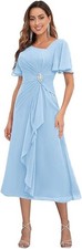 Tea Length Mother of The Bride Dresses with Sleeves Chiffon V Neck Ruffles Beade