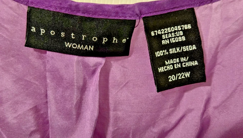 Camisola APOSTROPHE sin mangas púrpura y blanco ombre 100 % seda talla 20/22 W Foto 3 de 3