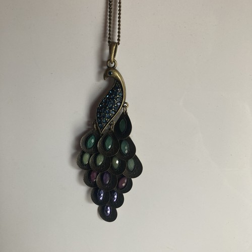 Accessorize Sparkly Peacock Necklace Bronze Tone Blue Green Purple Long Chain - Picture 10 of 12