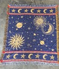 VINTAGE CELESTIAL THEMED WOVEN THROW BLANKET SUN MOON AND STARS 47" x 59"