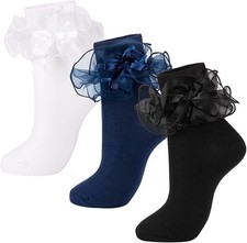 Women's Big Ruffle Socks Double Lace with Bows Size 9-11 3 Pairs Stylish