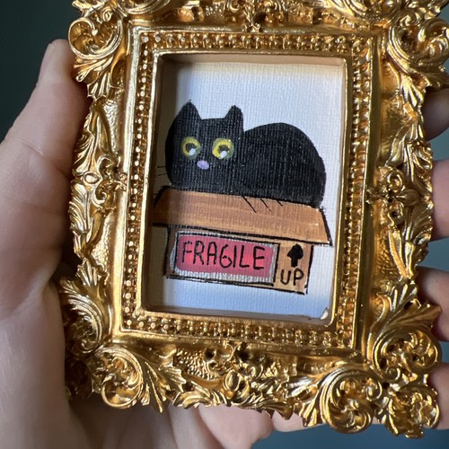 Schwarze Katze, Kätzchen, süß, lustiges Original Miniaturgemälde, klein, Mini - Bild 2 von 5