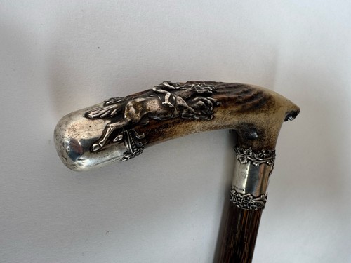 Horse Racing Kentucky Derby Antique Sterling Silver Stag Handle Walking Cane - Picture 4 of 15