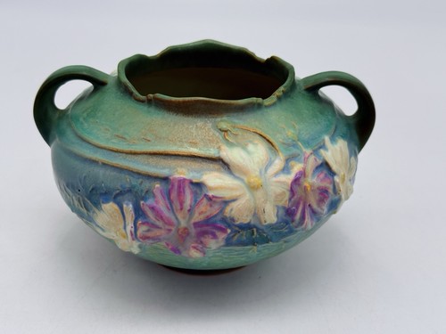 Roseville Pottery Cosmos Flower Vase Handled Bowl 7”x4.5” Green & Pastel Floral - Picture 2 of 13