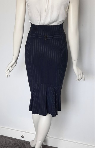 Taco Talla 10 Azul Marino Rayas Cintura Alta Retro Falda Lápiz Volantes Dobladillo Trasero - Imagen 8 de 13