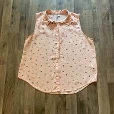 Elle Pink Floral Sleeveless Button Down Blouse Size Large