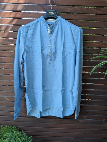 H&M Blue cotton Shirt Men's uk L Button Up Long Sleeve Collarless Chambray - Picture 3 of 9