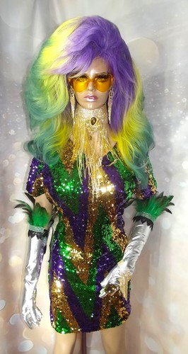 Show Perücke Wig Samba,Lila,Gelb,Grün,Farbverlauf,Travestie,Drag Queen,CSD,Neu - Bild 2 von 11