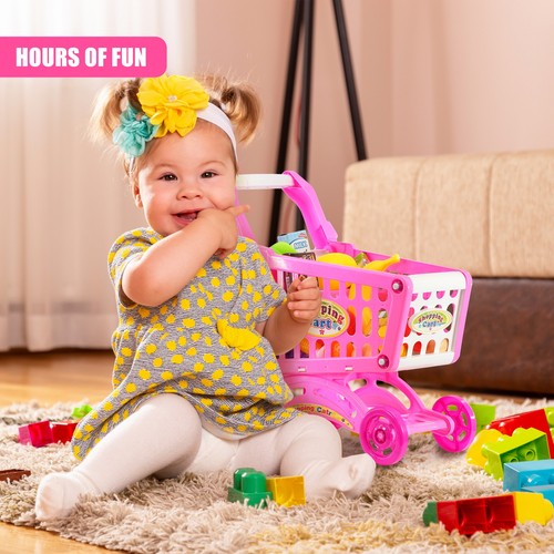 Kids Play Shopping Trolley Cart Play Food Set Childs Pretend Shop Push Along Toy - Picture 17 of 18