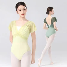Women Ballet Leotards Dance Leotard Nylon Spliced Short Sleeve Pleats  Bodysuit