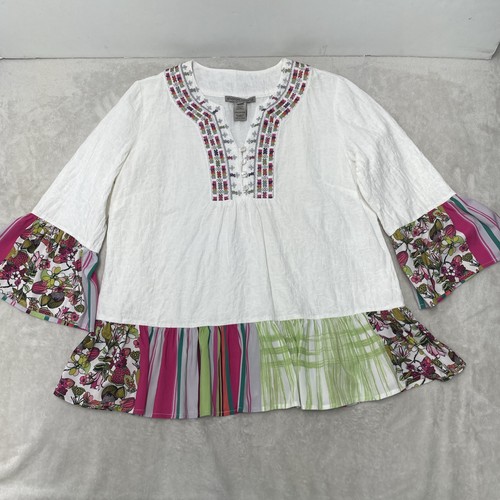 Top Boho M misto lino ricamato hippie festival artistico arruffato Sharon Young - Foto 2 di 10