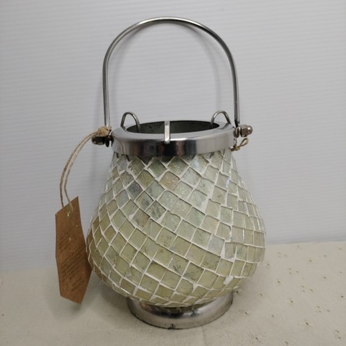 Mirror Glass Mosaic Candle Holder Lantern Globe Silver & Handle - Picture 16 of 16