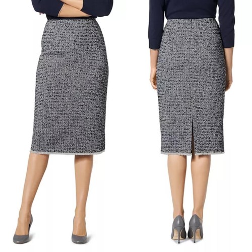 L.K.BENNETT Char Skirt 10 Navy Blue Cotton Tweed Pencil Straight Fringe Lined - Picture 1 of 8