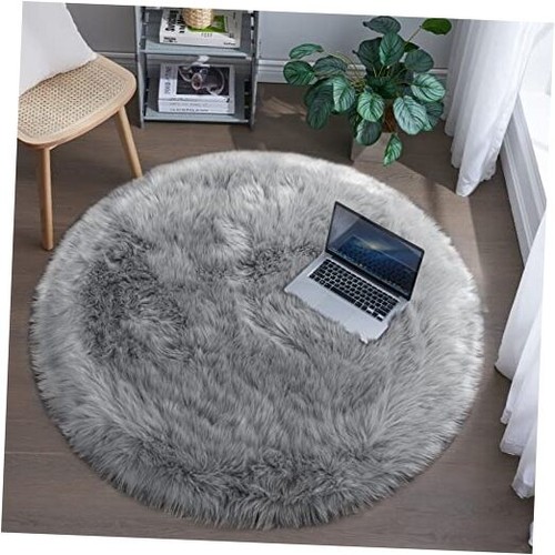 Fluffy Round Rug for Kids Room Circle Faux Fur Area Rug for 4×4ft Round Grey