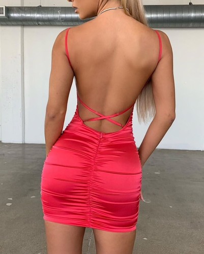 Ladies Sexy Choice of Red Blue or Mint Backless Ruched Short Mini Dress Size 10 - Picture 8 of 12