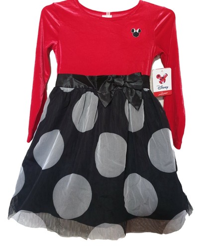 Disney Minnie Mouse Girls Dress Size 4T Red Velour Polka Dot Ruffled Long Sleeve - Picture 7 of 11