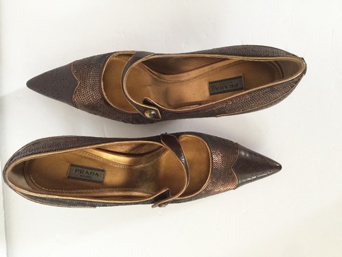 Vintage Prada Paillettenleder Bronze Metallic Kätzchen Absätze Gr. 6 36 - Bild 4 von 8