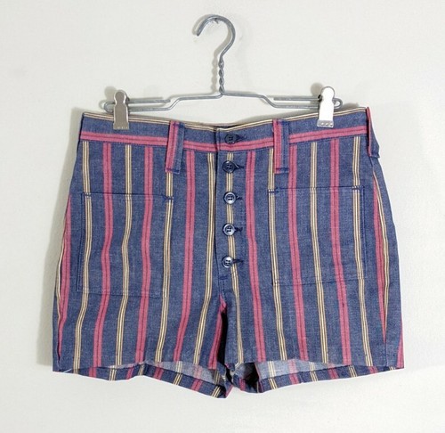 1970s Patch Pocket Button Fly Striped Denim vintage Shorts - Lady Wrangler S/M - Picture 1 of 9