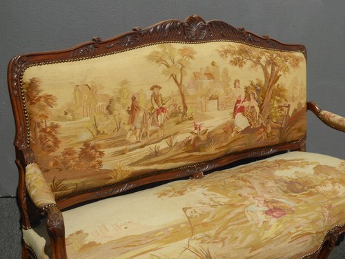 Antique French Louis XV Rococo Walnut Gold Tapestry Settee Canape Country`Scene - Picture 5 of 12