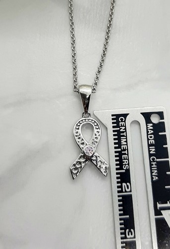 Necklace Breast Cancer Awareness Pink CZ Silver Plated Ribbon And Chain 18 inch - Picture 5 of 8