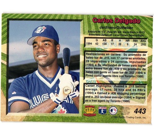 1995 Pacific Crown Collection #443 Carlos Delgado Toronto Blue Jays - Picture 2 of 2