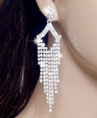 #E121T 4/" non-pierced CLIP ON EARRINGS Clear Crystal Chandelier Bridal Pageant