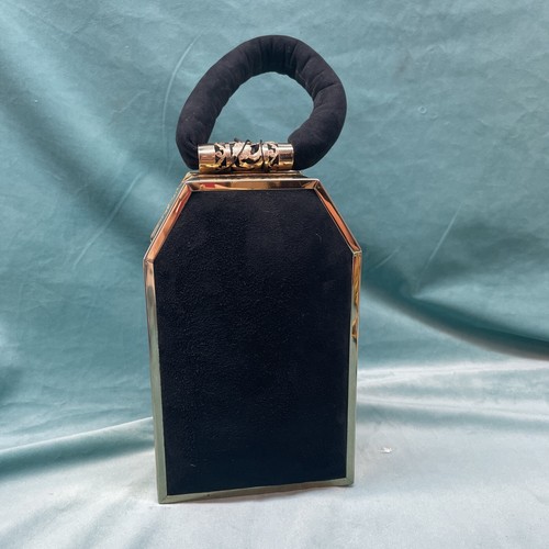 vintage purse 1940s tyrolean wristlet bag black antelope box gold evening suede - Picture 3 of 9