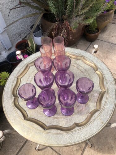 Amethyst and rose cut glass set champagne white & red wine. 12 In Set - Picture 3 of 13