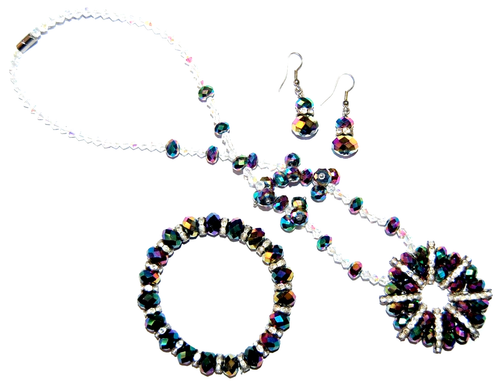FUNKELNDE IRISIERENDE KRISTALL PERLEN HALSKETTE ARMBAND OHRRINGE SET #M1-G - Bild 2 von 4