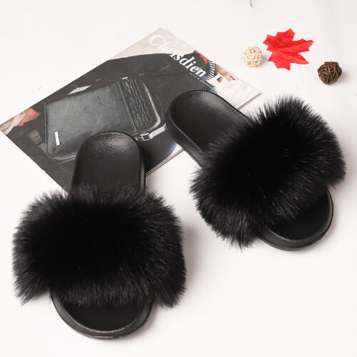 Fuzzy Fluffy Faux Fur Slides Slippers Flat Soft Sandals Open Toe Slip On Shoes - Picture 3 of 15