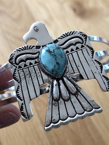 Blau Web Türkis gestempelt Donnervogel Manschette Armband, passt Handgelenkmaß 6,5”-8” - Bild 6 von 6