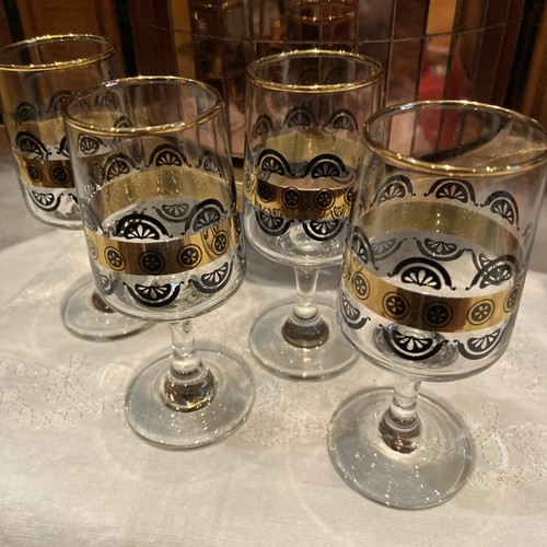 Vintage Black And Gold Sherry Aperitif Glasses X4