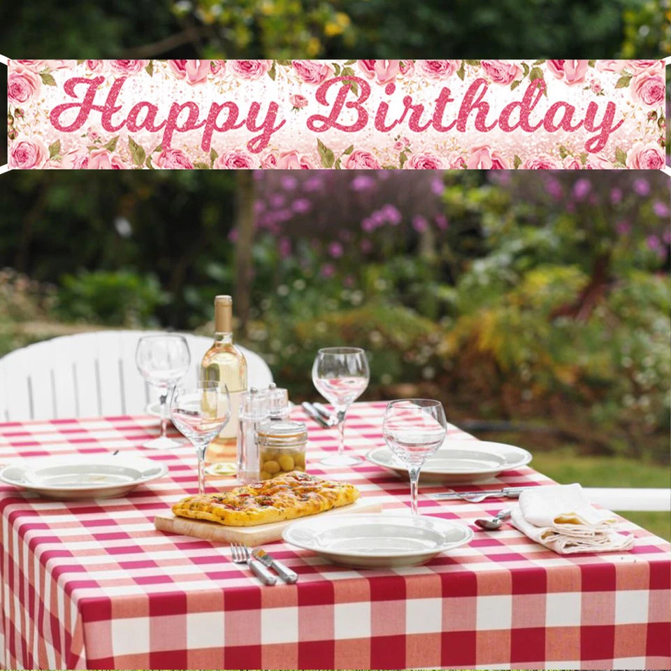 Hoja Verde Rosa Rosa Flor Feliz Cumpleaños Decoraciones Fiesta Garaje Decoración Banner Foto 2 de 4