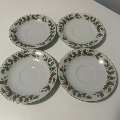 Set of 4~ China Pearl Noel Holly & Berries 6.5" Saucer Cup Plates
