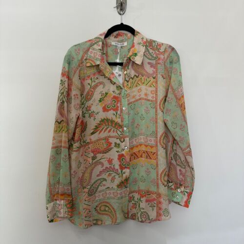 Rose & Olive Button Up Blouse Size L Paisley Floral Boho Office Mature Mob Wife